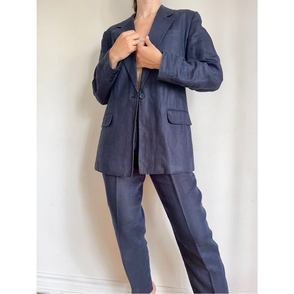 VINTAGE NAVY LINEN BLAZER PANTSUIT TALBOTS ONE BUTTON HIGH RISE DRESS PANTS S-M - Picture 2 of 12
